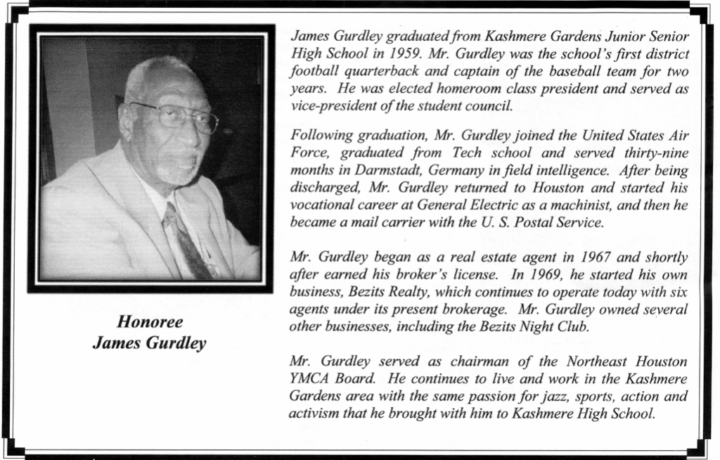 Honoree James Gurdley with biography text.