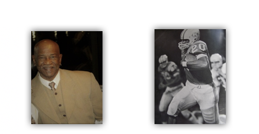 Smiling man and football player in action.