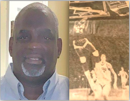 Man smiling and vintage basketball photo collage.