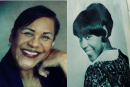 Two portraits of a woman, smiling.