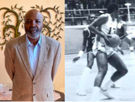 Man in suit and vintage basketball action.