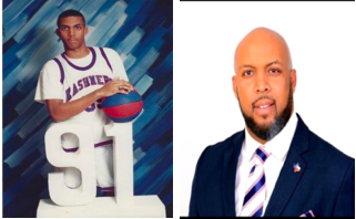 Two men, one in basketball jersey.