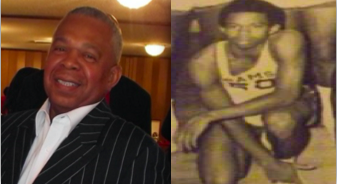 Smiling man and vintage basketball player.