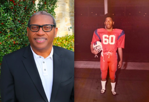 Man in suit and football player portrait.